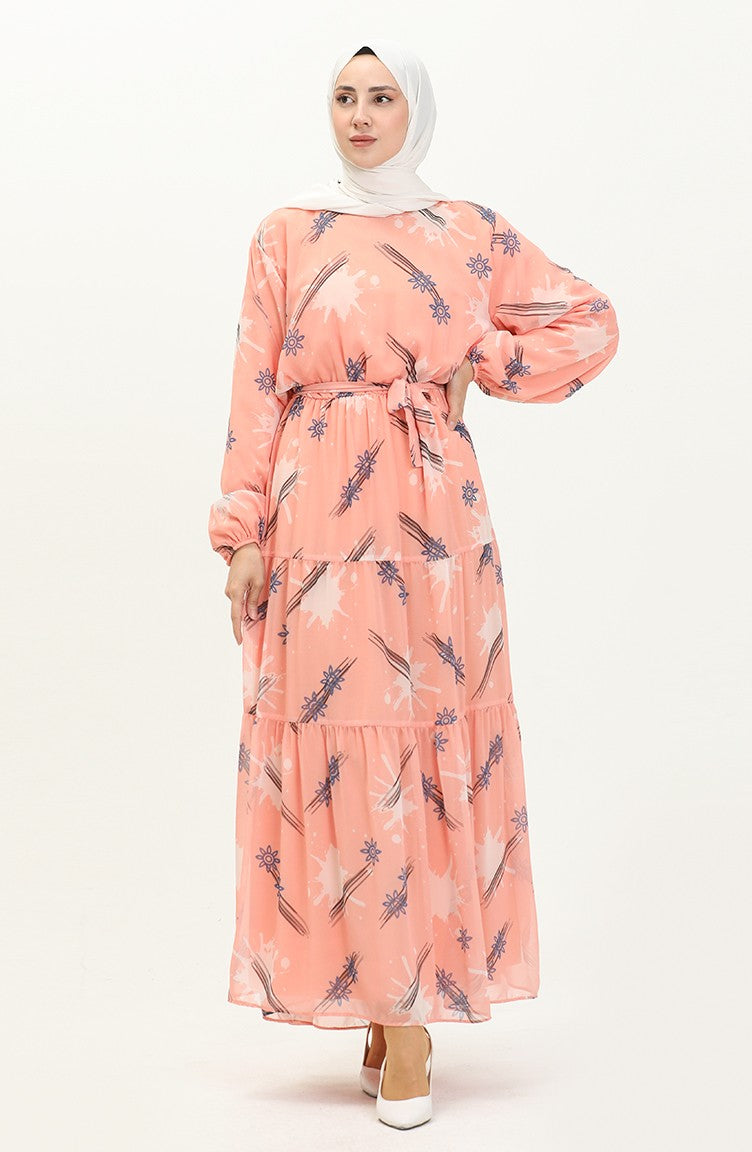 Printed Belted Chiffon Dress