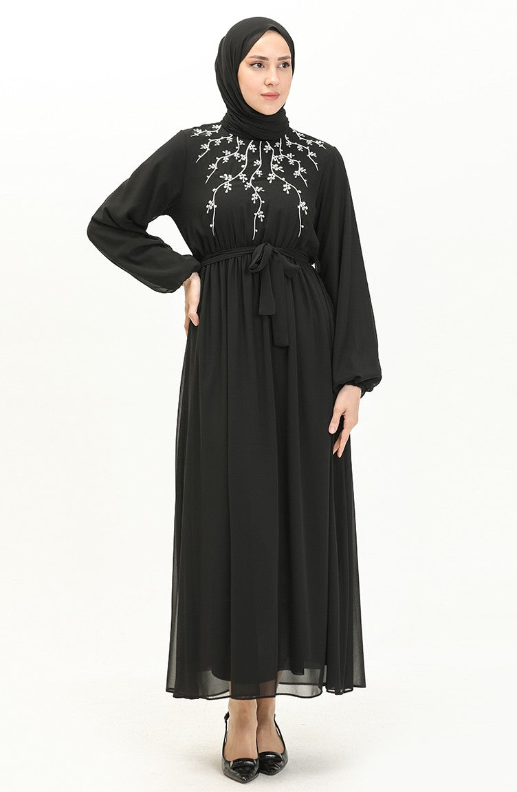 Black Embroidered Chiffon Dress